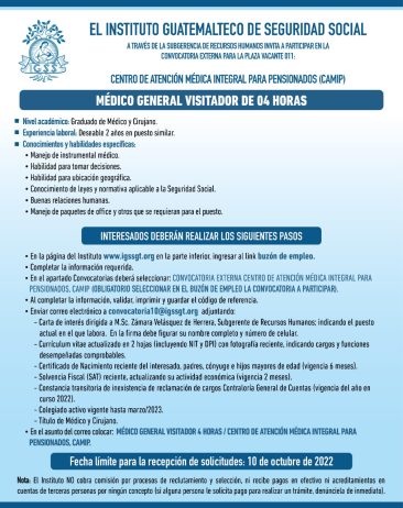 El IGSS invita a participar en la convocatoria de la plaza: Médico General Visitador de 4 horas