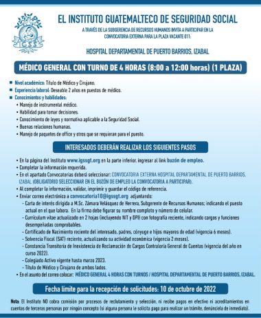 El IGSS invita a participar en la convocatoria de la plaza: Médico General con turno de 4 horas (1 plaza)