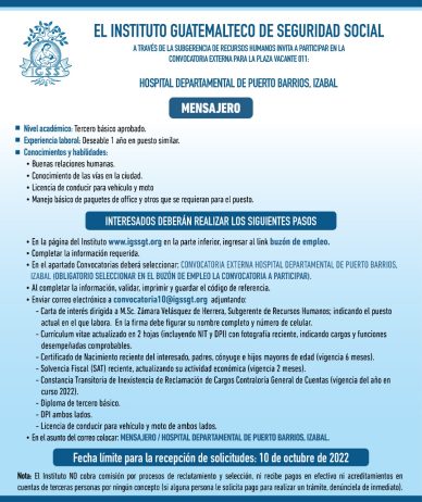 El IGSS invita a participar en la convocatoria de la plaza: Mensajero