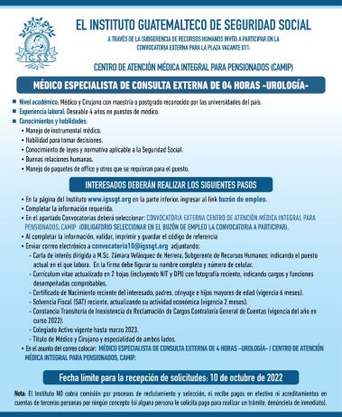 El IGSS invita a participar en la convocatoria de la plaza: Médico Especialista de Consulta Externa de 4 horas -Urología-