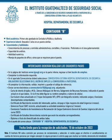 El IGSS invita a participar en la convocatoria de la plaza: Contador B