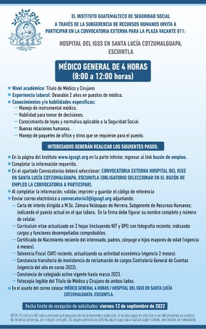 El IGSS invita a participar en la convocatoria de la plaza: Médico General de 4 horas