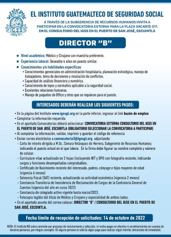 El IGSS invita a participar en la convocatoria de la plaza: Director B