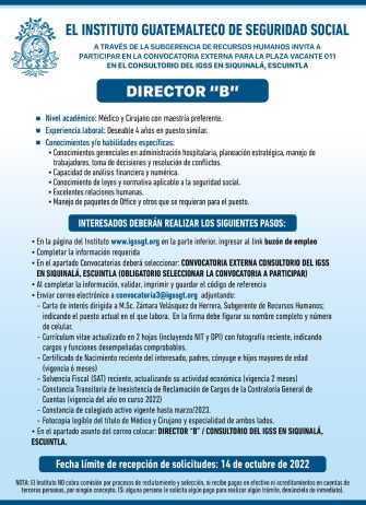 El IGSS invita a participar en la convocatoria de la plaza: Director B