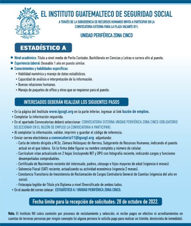 El IGSS invita a participar en la convocatoria de la plaza: Estadístico A
