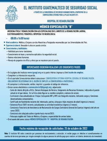 El IGSS invita a participar en la convocatoria de la plaza: Médico Especialista B