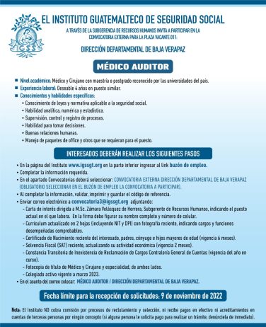 El IGSS invita a participar en la convocatoria de la plaza: Médico Auditor