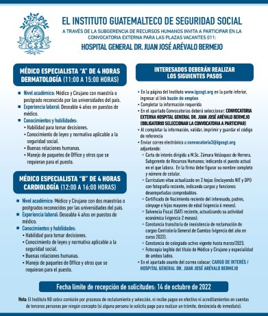 El IGSS invita a participar en la convocatoria de las plazas: Médico Especialista A Dermatología y Médico Especialista B Cardiología