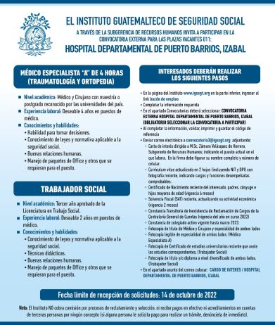 El IGSS invita a participar en la convocatoria de las plazas: Médico Especialista A y Trabajador Social