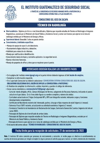 Convocatoria para la plaza de Técnico en Radiología para el Consultorio en Zacapa