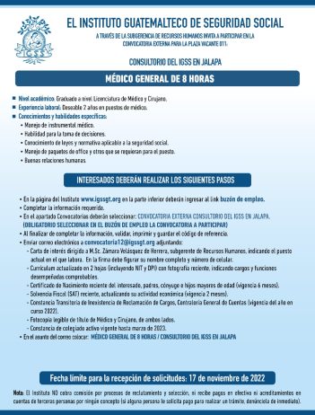 Convocatoria para la plaza Médico General en el Consultorio IGSS en Jalapa
