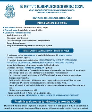 Convocatoria para la plaza de Médico General para el Hospital en Chicacao, Suchitepéquez