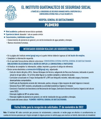 Convocatoria para la plaza de Plomero en el Hospital General de Quetzaltenango