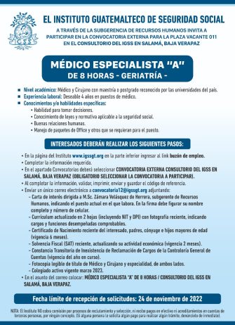 Convocatoria para la plaza de Médico Especialista -Geriatría- para el Consultorio en Salamá, Baja Verapaz