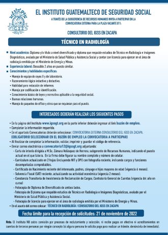 El IGSS invita a participar en la convocatoria de la plaza: Técnico en Radiología