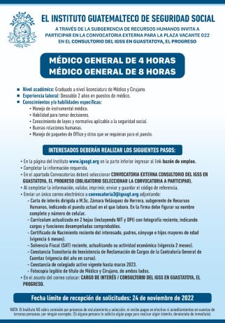 Convocatoria para las plazas de Médico General para el Consultorio en Guastatoya, El Progreso