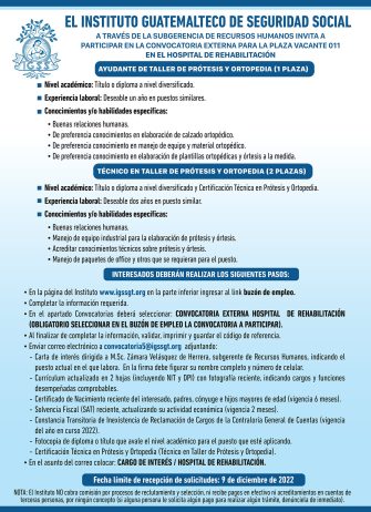 El IGSS invita a participar en la convocatoria de la plaza: Ayudante de taller para prótesis y ortopedia