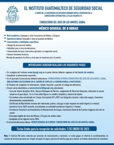 Convocatoria para la plaza de Médico General para el Consultorio en Los Amates, Izabal