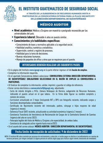 El IGSS invita a participar en la convocatoria de la plaza: Médico Auditor