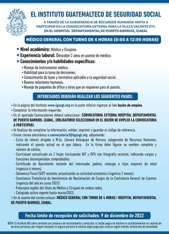 El IGSS invita a participar en la convocatoria de la plaza: Médico General con turno de 4 horas