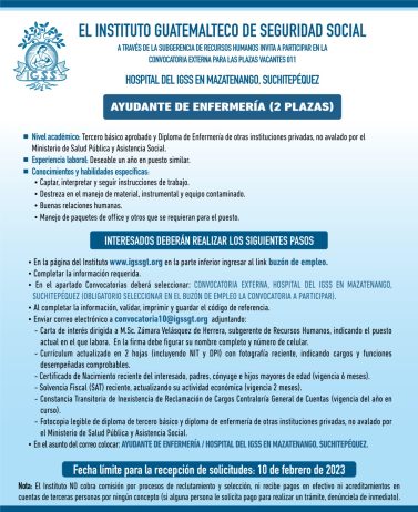 Convocatoria para la plaza de Ayudante de Enfermería en el Hospital en Mazatenango, Suchitepéquez