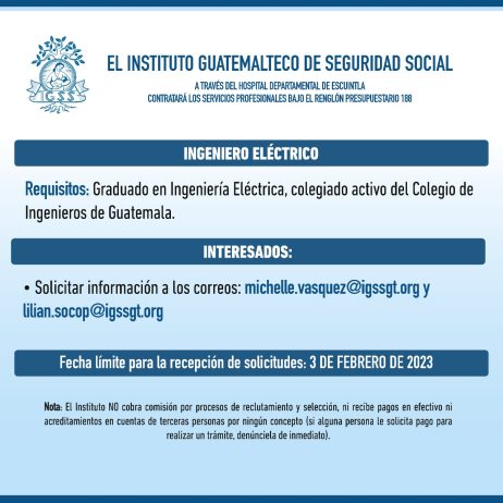 Convocatoria para la plaza Ingeniero Eléctrico en el Hospital Departamental de Escuintla