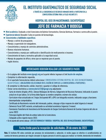 Convocatoria para la plaza Jefe de Farmacia y Bodega para el Hospital en Mazatenango, Suchitepéquez