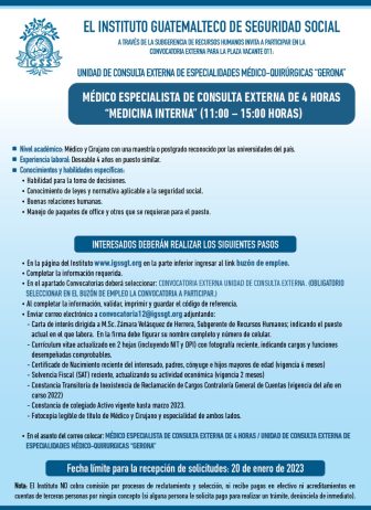 Convocatoria para la plaza de Médico Especialista (Medicina Interna)