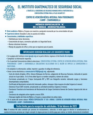 Convocatoria para la plaza de Médico Especialista (Dermatología) en CAMIP 2 Barranquilla