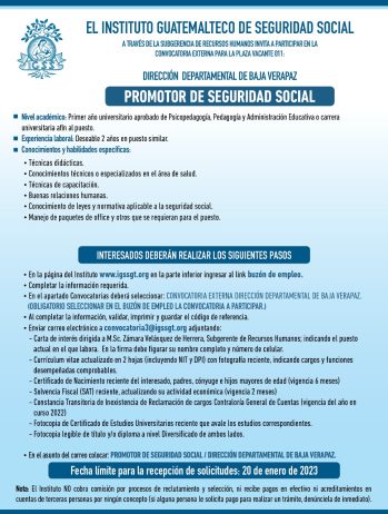 Convocatoria para la plaza de Promotor de Seguridad Social en la Dirección Departamental de Baja Verapaz