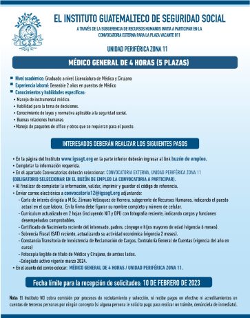 Convocatoria para la plaza de Médico General de 4 horas en la Unidad Periférica Zona 11