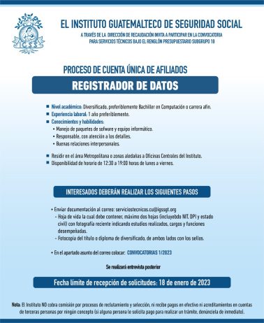 Convocatoria para la plaza Registrador de Datos