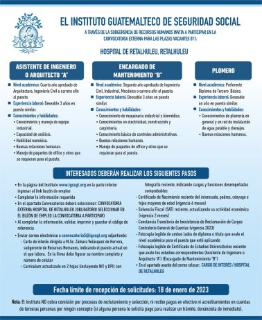 Convocatoria para plazas en el Hospital de Retalhuleu, Retalhuleu