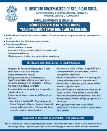 Convocatoria para la plaza de Médico Especialista para el Hospital Departamental de Retalhuleu