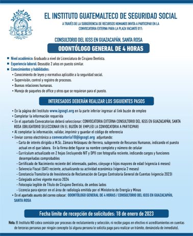 Convocatoria para la plaza de Odontólogo General para el Consultorio en Guazacapán, Santa Rosa