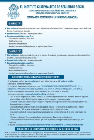 Convocatoria para las plazas Cajero «A» y Cajero «B»