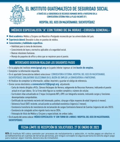 Convocatoria para la plaza Médico Especialista -Cirugía General- para el Hospital en Mazatenango
