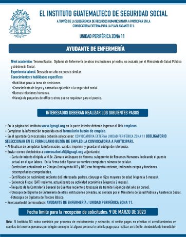 Convocatoria para la plaza de Ayudante de Enfermería en la Unidad Periférica, Zona 11