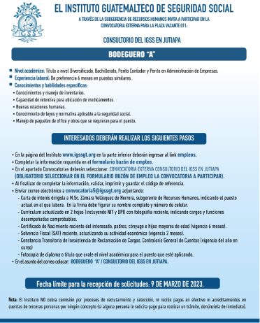 Convocatoria para la plaza de Bodeguero en el Consultorio en Jutiapa