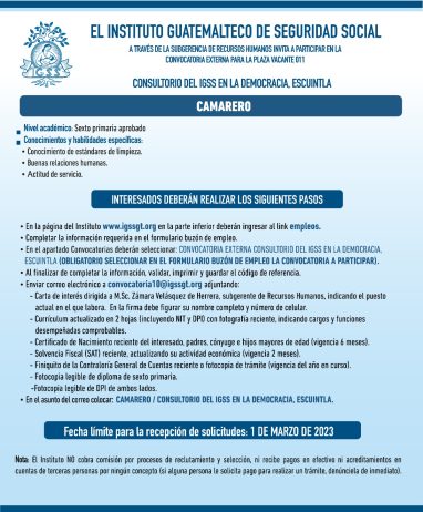 Convocatoria para la plaza de Camarero en el Consultorio en La Democracia, Escuintla