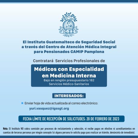 Convocatoria para contratación de servicios profesionales de Médicos Especialistas -Medicina Interna- en CAMIP Pamplona