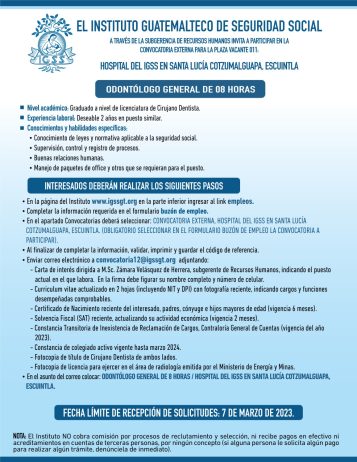 Convocatoria para la plaza: Odontólogo General para el Hospital en Santa Lucía Cotzumalguapa, Escuintla