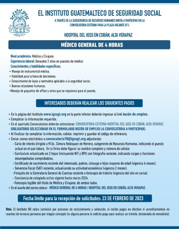 Convocatoria para la plaza Médico General de 4 horas