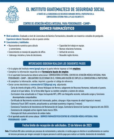 Convocatoria para la plaza de Químico Farmacéutico