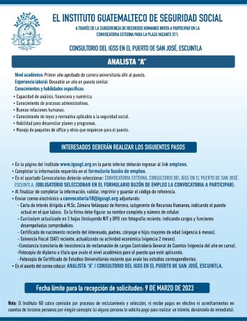 Convocatoria para la plaza de Analista A en el Consultorio en el Puerto San José, Escuintla