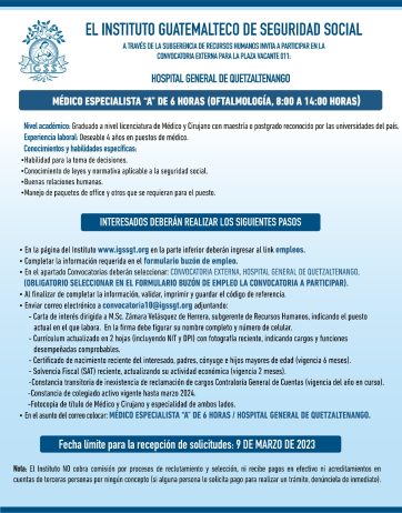 Convocatoria para la plaza de Médico Especialista (Oftalmología) en el Hospital General de Quetzaltenango