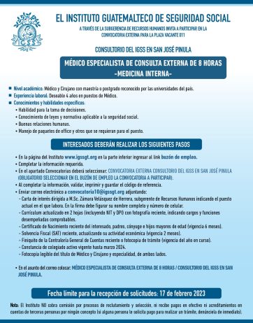 Convocatoria para la plaza de Médico Especialista -Medicina Interna- en el Consultorio en San José Pinula