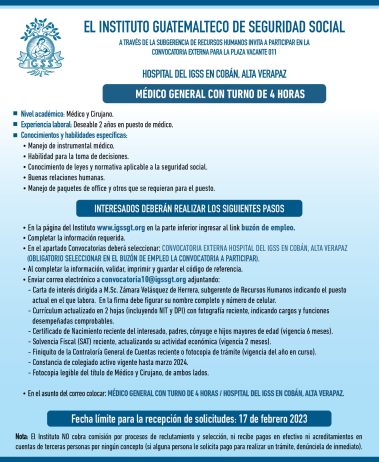 Convocatoria para la plaza de Médico General en el Hospital en Cobán, Alta Verapaz