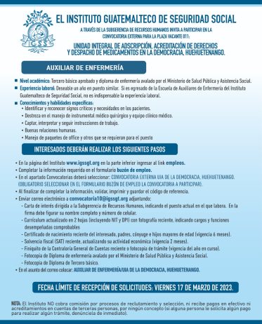 Convocatoria para la plaza: Auxiliar de Enfermería para la Unidad en la Democracia, Huehuetenango