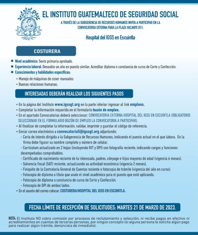 Convocatoria para la plaza: Costurera para el Hospital del IGSS en Escuintla